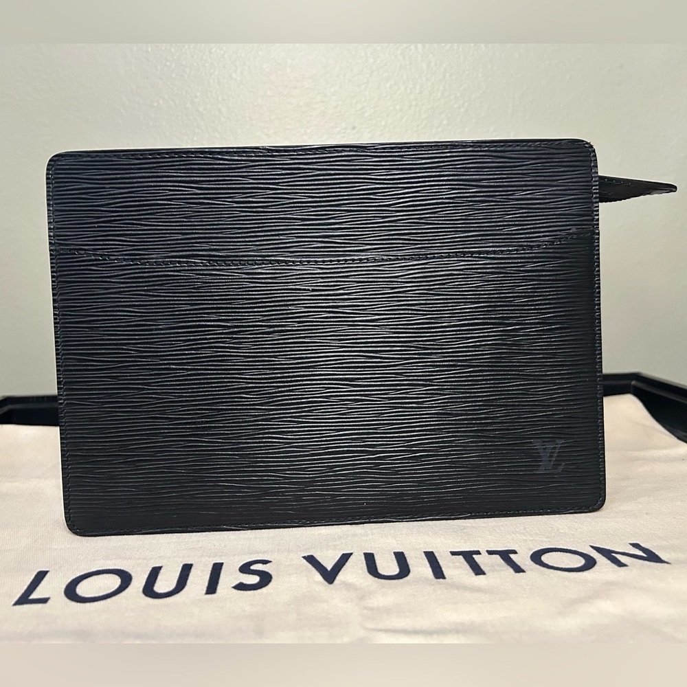 Authentic Louis Vuitton Black Epi Leather Flat Clutch / Pochette